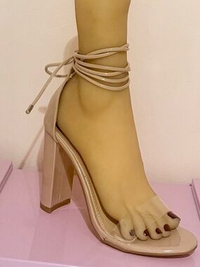DBDK Fashion Nude Sandal W/Clear Vinyl Toe Strap Long Laces Wrap Around Ankle